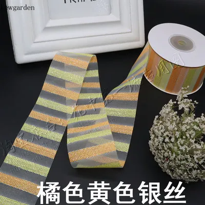 Kewgarden Wholesale Rainbow Stripe Lace Snow Gauze Ribbons 38mm 1.5" Gold Sliver Line Handmade Tape DIY Bowknot Accessories 25Y - Цвет: orange yellow sliver