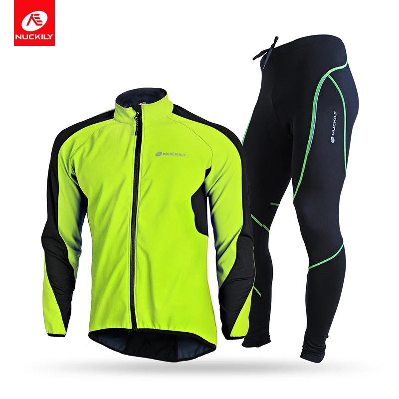 Kopen NUCKILY mannen Fiets Jersey Set Waterdicht Winddicht Winter Rijden Jas Thermische Fleece Gel Pad Fietsen Panty Set NJ604 903 W