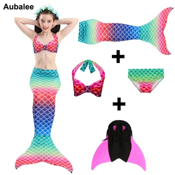 

4PCS/Set Kids Girls Little Mermaid Tails For Swimming Costume With Monofin Flipper Bikini Bathing Mermaid Tail Swimsuit Swimwear