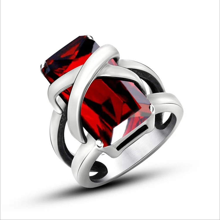 

Big Zircon Retro Titanium Stainless Steel Red Zirconia Vintage Jewelry Women Men Statement Ring Unisex Couple Rings