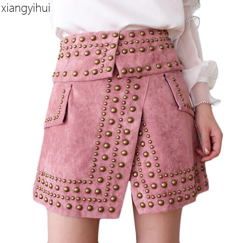 

Autumn Winter Fashion Punk Rivet Women's Skirt Black Pink Color Streewear Womens High Waist Slim Fitted Suede Skirts faldas