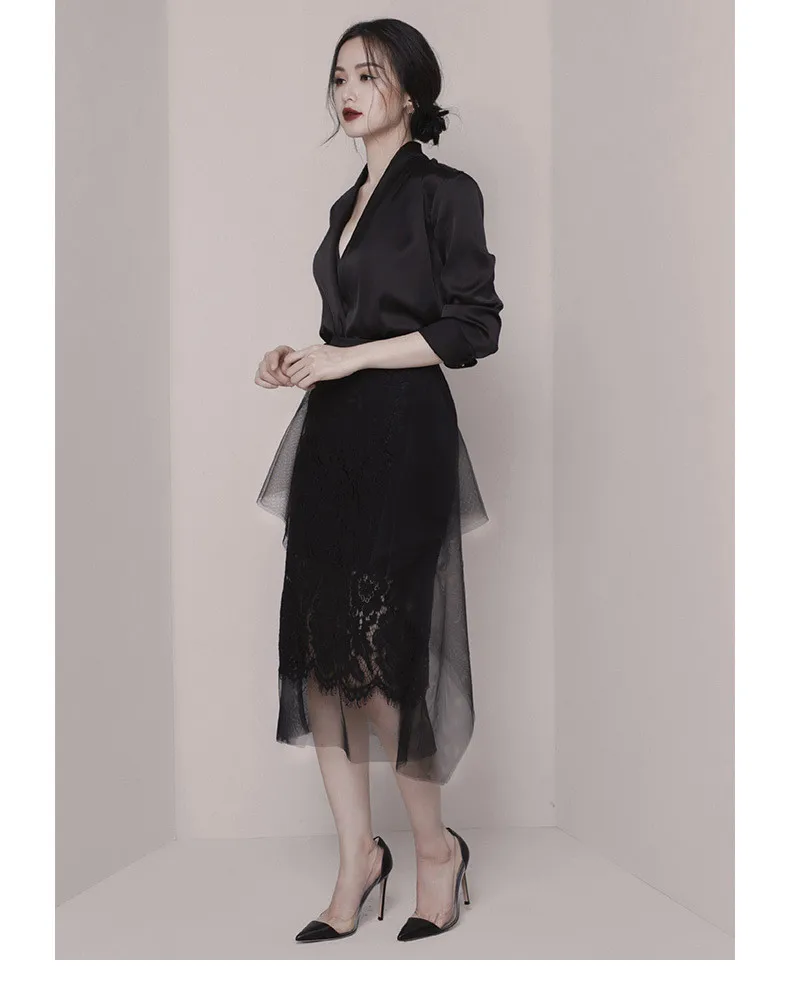 

2019 Spring Long Sleeve Suits Women Top & Lace Mesh Skirt 2 Piece Set Sexy Club Ladies Elegant V-Neck Ol Style Two Piece Sets