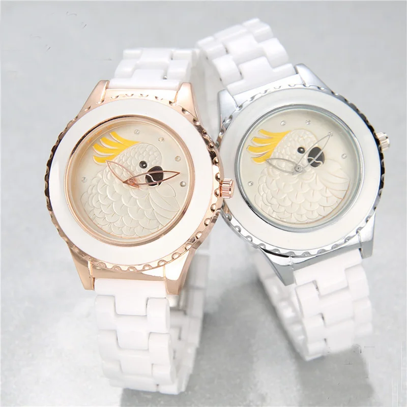 

Fashion Casual Luxury Women Wristwatch Creative Parrot Design Quartz Ladies Watches White Ceramic Strap Waterproof Watch Relogio