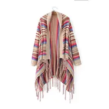 Винтажные свитера в этническом стиле с неровным подолом, кардиган для женщин, цветная Вязаная Шаль с кисточками, свитер, верхняя одежда, свободная вязаная одежда