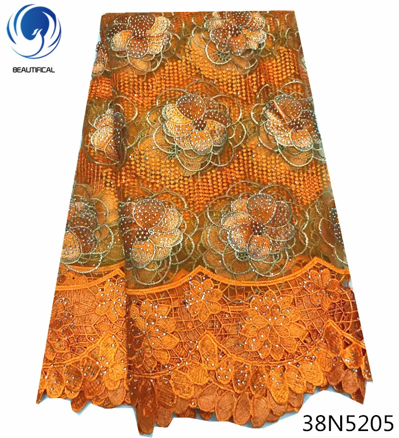 

Beautifical african orange lace fabric nigerian lace fabric high quality lace wedding with guipure lace and beads 5yards 38N52
