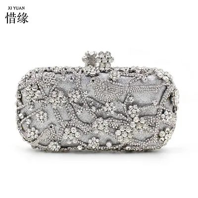 XIYUAN BRAND Fashion Lady Party Wedding silver Handbag Purse Girl hard Evening shoulder Bag Bridal Women Crystal Clutch wallet
