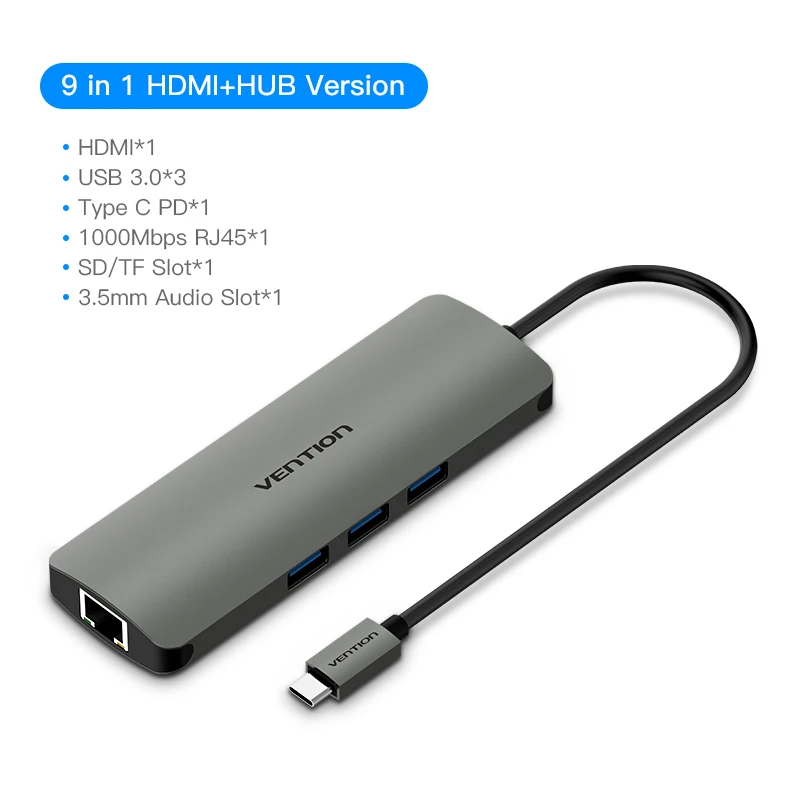 Vention USB C концентратор type C к HDMI USB 3,0 концентратор thunderbolt 3 RJ45 адаптер для MacBook samsung S8/S9 huawei P20 Pro usb-c адаптер - Цвет: 9 in 1 Style