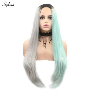 

Sylvia Straight Long Hair Cosplay Summer Wig Short Dark Roots Ombre Half Blue Green Half Silver Gray Synthetic Lace Front Wigs