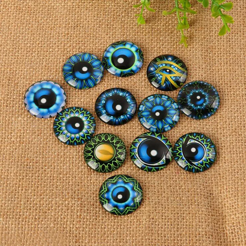 

60Pcs 8mm-35mm Blue Eye Round Handmade Photo Glass Cabochons & Glass Dome Cover Pendant Glass Cabochon