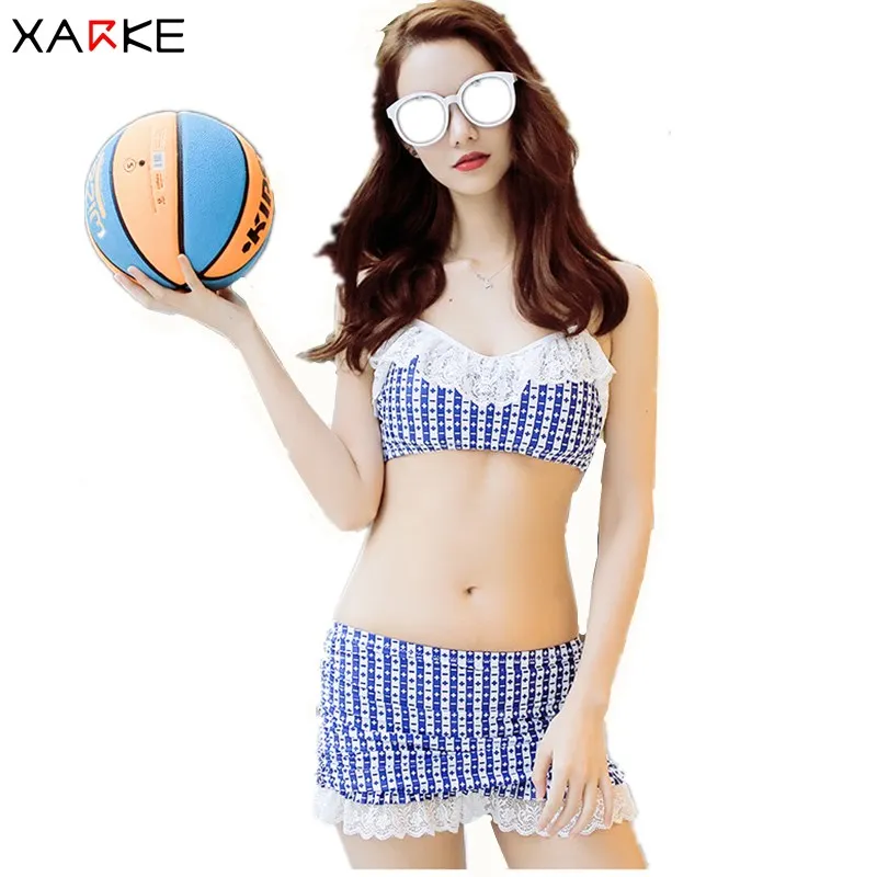

XARKE 3 Pieces Lace Ruffle Bikini Women Skirted Swimsuit Teenage Girl Swimwear Halter Bikiny Sexy Bather Swim Suit Girls Bikinis