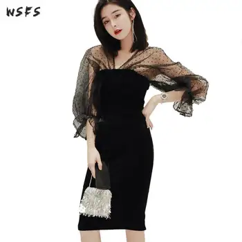 

Black Mesh Dot Dress Vneck Puff Sleeve Backless Womes Dresses Vintage Elegant Sexy Party Office Ladies Midi Pencil Wrap Dress