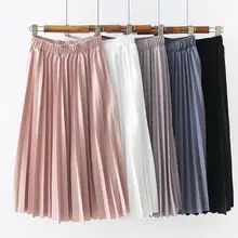Осенняя Женская юбка с высокой талией, одноцветная плиссированная юбка, женские повседневные юбки средней длины, белые юбки