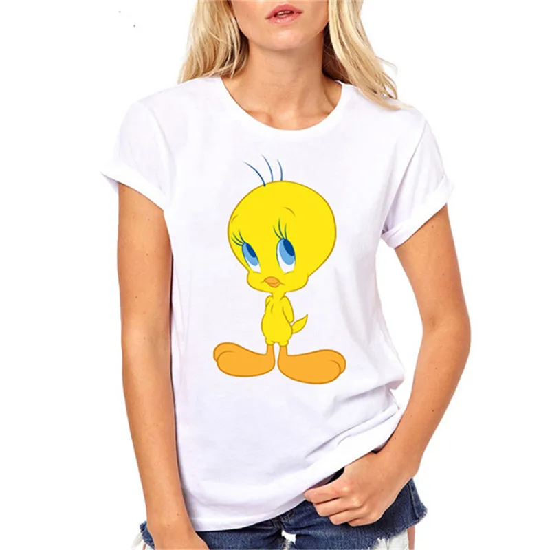 Женская футболка Looney ttes Tweety Bird с мультяшным принтом, летняя модная Милая футболка, Женские топы с круглым вырезом, белая футболка с коротким рукавом