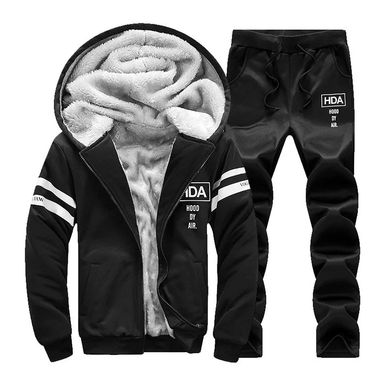 Winter Tracksuits Men Set White Line Printing Thicken Fleece Hoodies + Pants Suit Warm Casual Fleece Men's Coats Hoodie Suits Winter Tracksuits Men Set White Line Printing Thicken Fleece Hoodies + Pants Suit Warm Casual Fleece Men's Coats Hoodie Suits