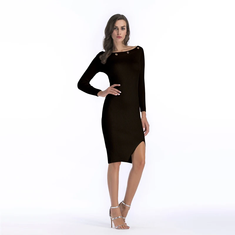 

WHZHM Autumn Sweater Ladies Dress Skinny Rivet Split High Elastic Full Sleeve Solid High Waist Winter Femme Casual Wrap Dress