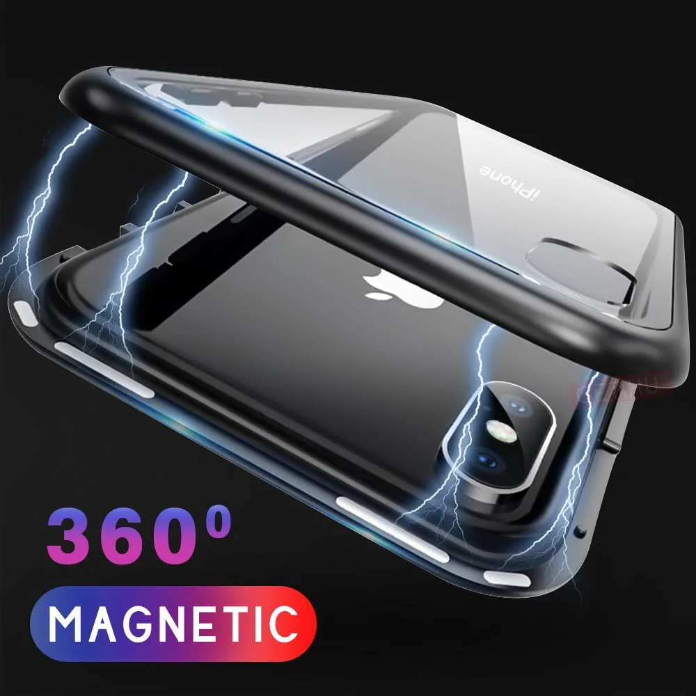 360 магнитный чехол для iPhone XR XS Max X 9 8 7 6 6S Plus, чехол из закаленного стекла, Магнитный чехол для iPhone XS 8 7, бампер для телефона
