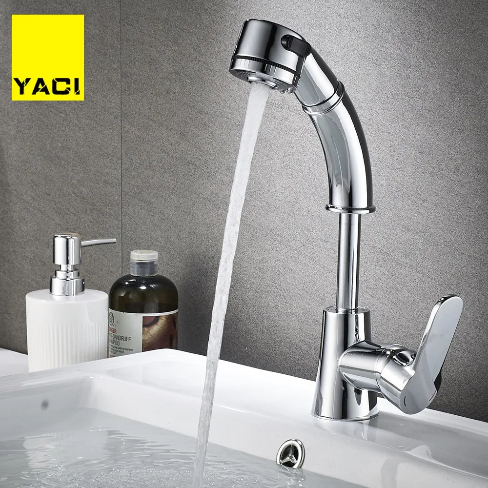 

YACI Pull Out Bathroom Sink Faucet Hot and Cold Water Mixer Crane Lift Up and down Chrome Finished 360 Degree Water Mixer Tap