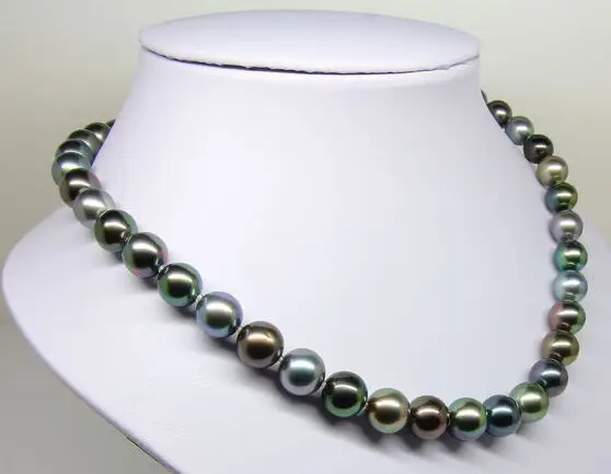 

FREE SHIPPING>>>@@ > 18"8-9mm Tahitian genuine black peacock green multicolor round pearl necklace