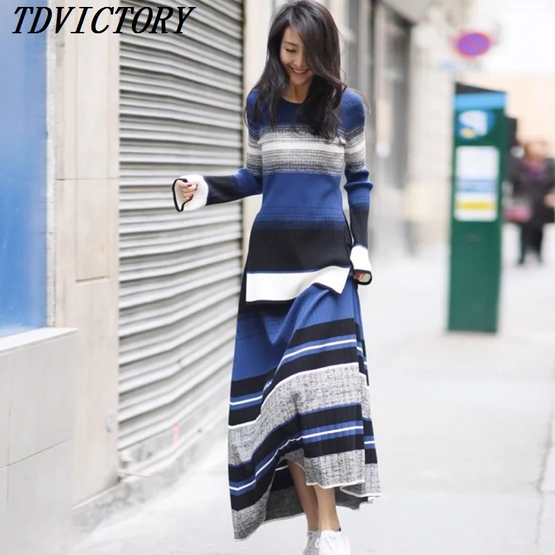 

2018 Autumn Winter Women Striped Two Piece Set O Neck Flare Sleeve Long Sweater Pullover & Female Casual Knitted Skirt Set