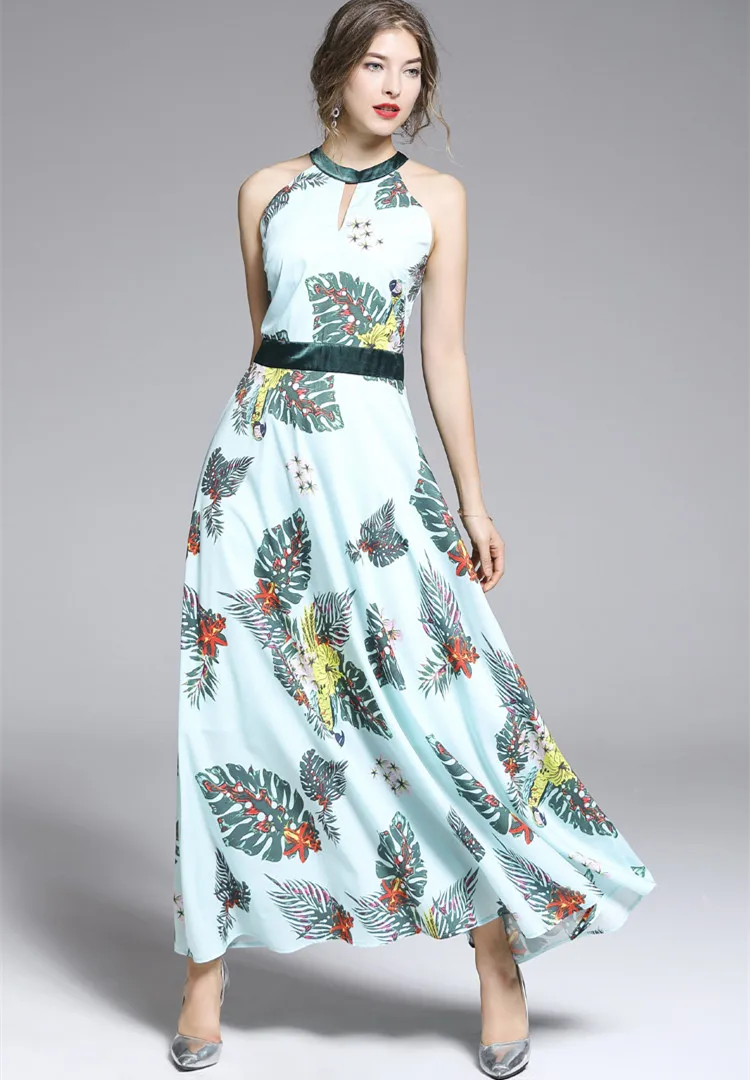 

Fashion runways women's sleeveless dress Chic runways elegant beach style dress floral print women's maxi dress A305