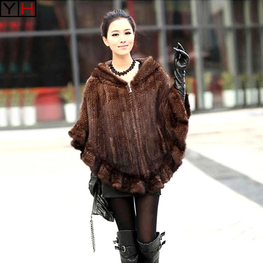 

Fashion women natural Fur Shawl Knitted Real Mink Fur Poncho For lady Warp With Hood Winter Mink Fur Coat free shipping