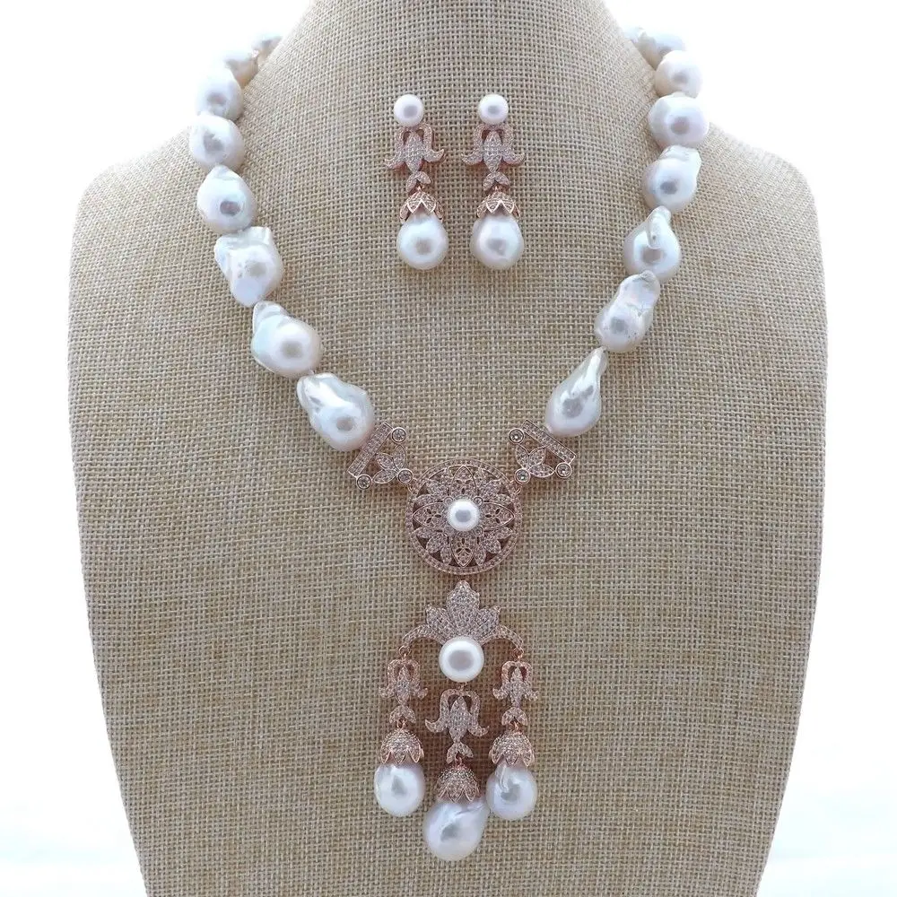 K112201 20" White Keshi Pearl Necklace Earrings Set