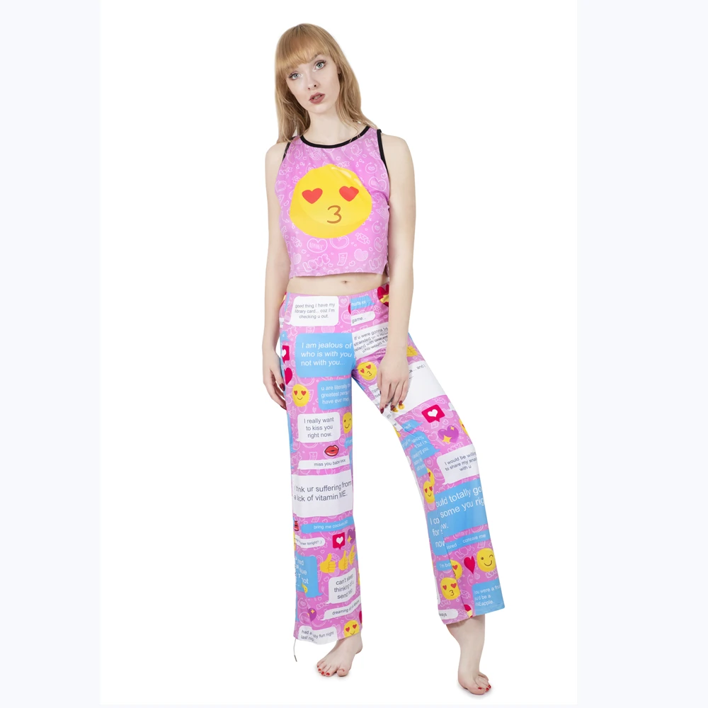 

Womens Pajamas Chat Text Printing Pyjama Set Drawstring design Pajama pants Female Nightwear Set Three Piece Set Loungewear