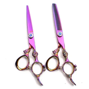 

2Pcs 6" 440C Engraving Logo Thinning Scissors Cutting Shears Hairdresser's Shears Dragon Handle Professional Hair Scissors C9004