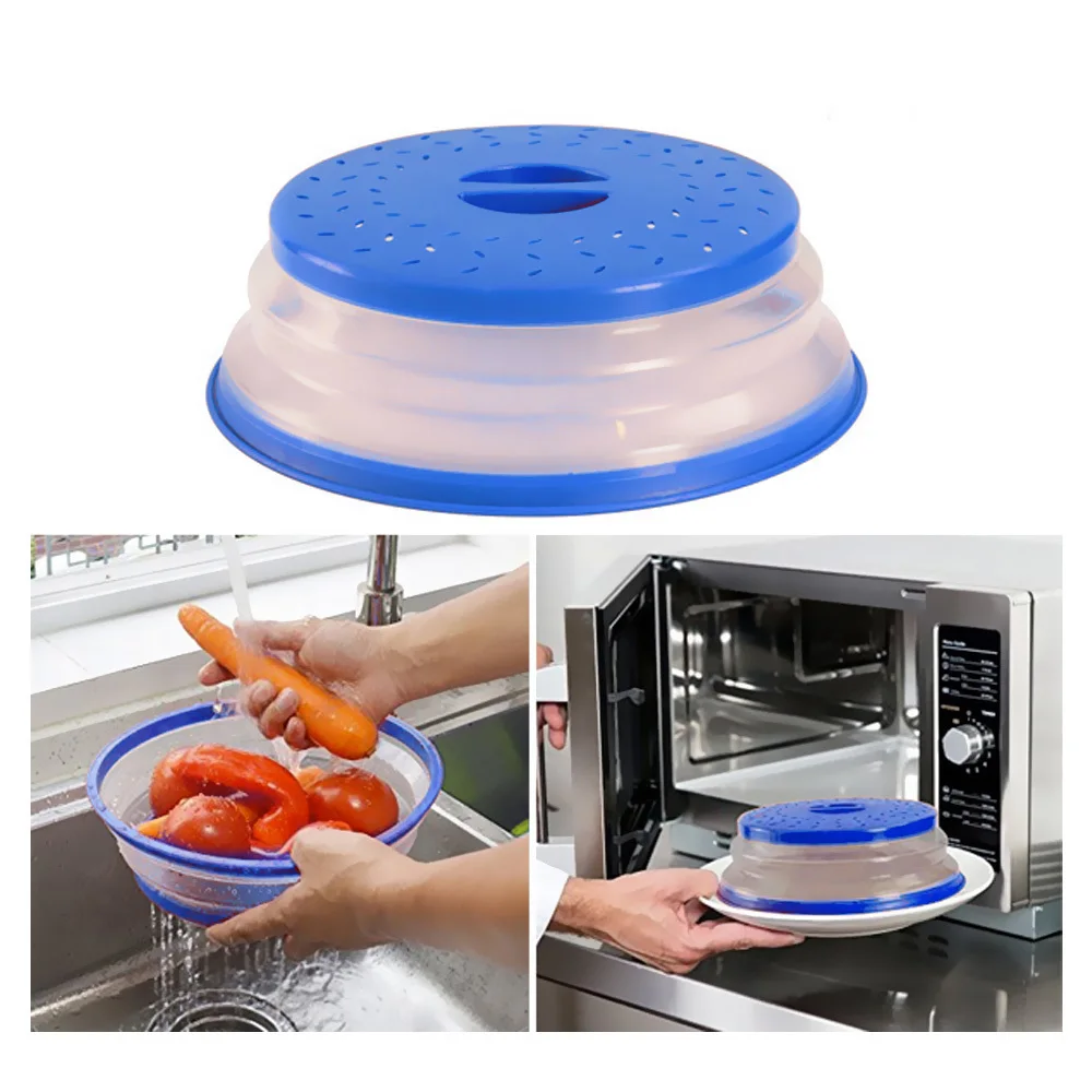 

Collapsible Microwave Cover Silicone Fruit Vegetables Colander Strainer Washing Basket Folding Microwave Plate Lid Kitchen Tools