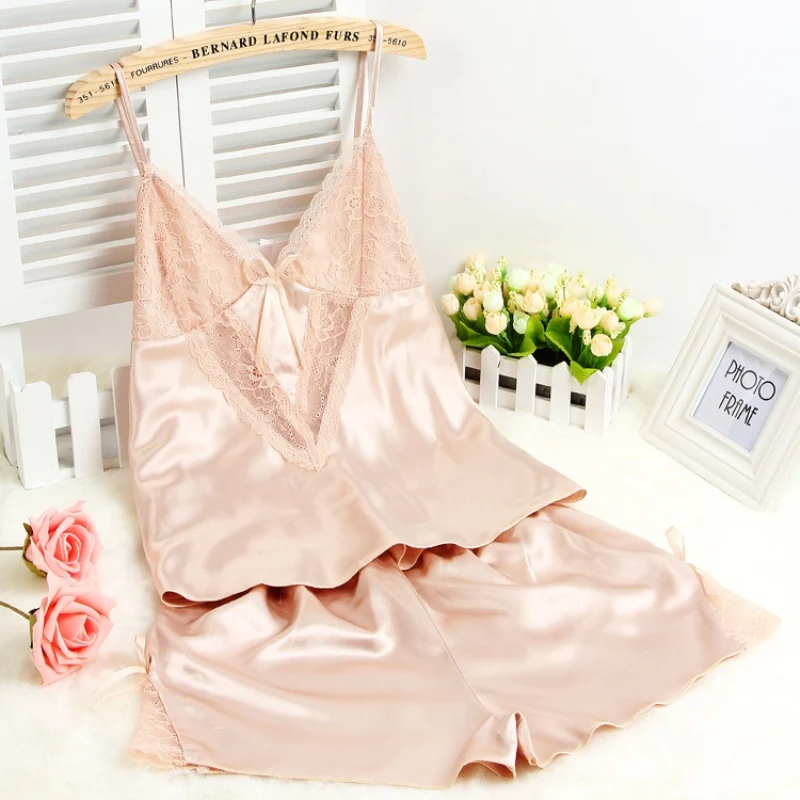 New Pyjama Femme V Neck Lace Women Sleepwear Set Sexy Sling Silk Pajamas Short Pijama Set Pijama Plus Size Nightwear 49 (4)
