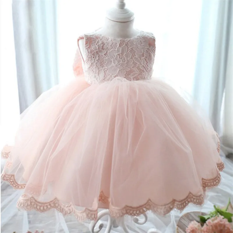 Розовое, белое кружевное платье для новорожденных Платья для крещения с милым бантом, бальное платье для дня рождения для маленьких девочек