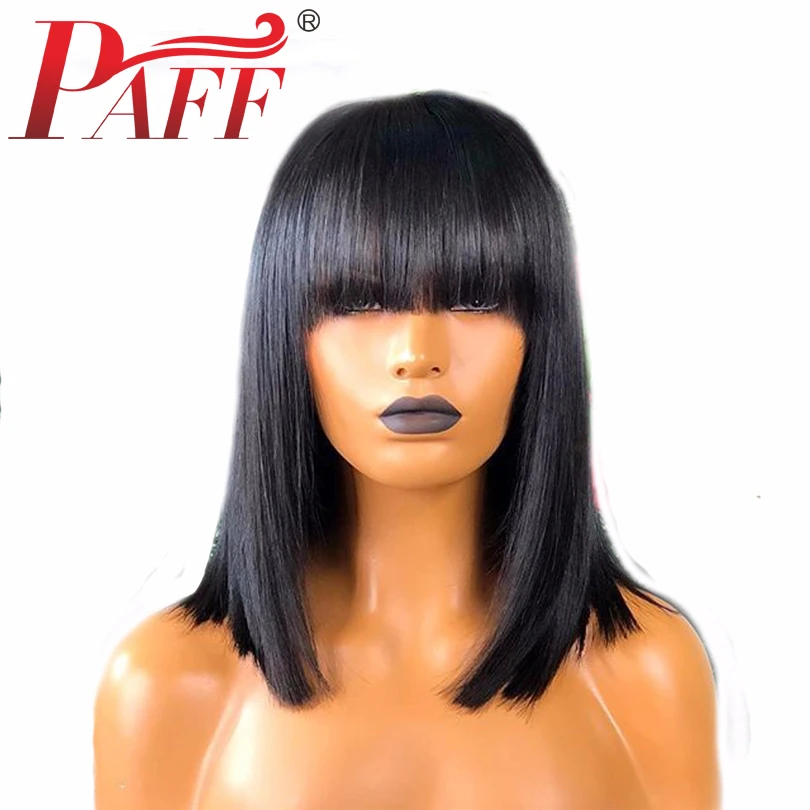 

PAFF Straight Short Bob Silk Base Wig With Bangs 130%Density 4x4 Silk Top Lace Front Human Hair Wigs Pre Plucked Full End