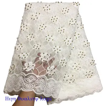 

white african Rhinestones Milk silk lace fabric 2017 high quality cord Water soluble Beaded lace fabric for wedding dress RE8-0