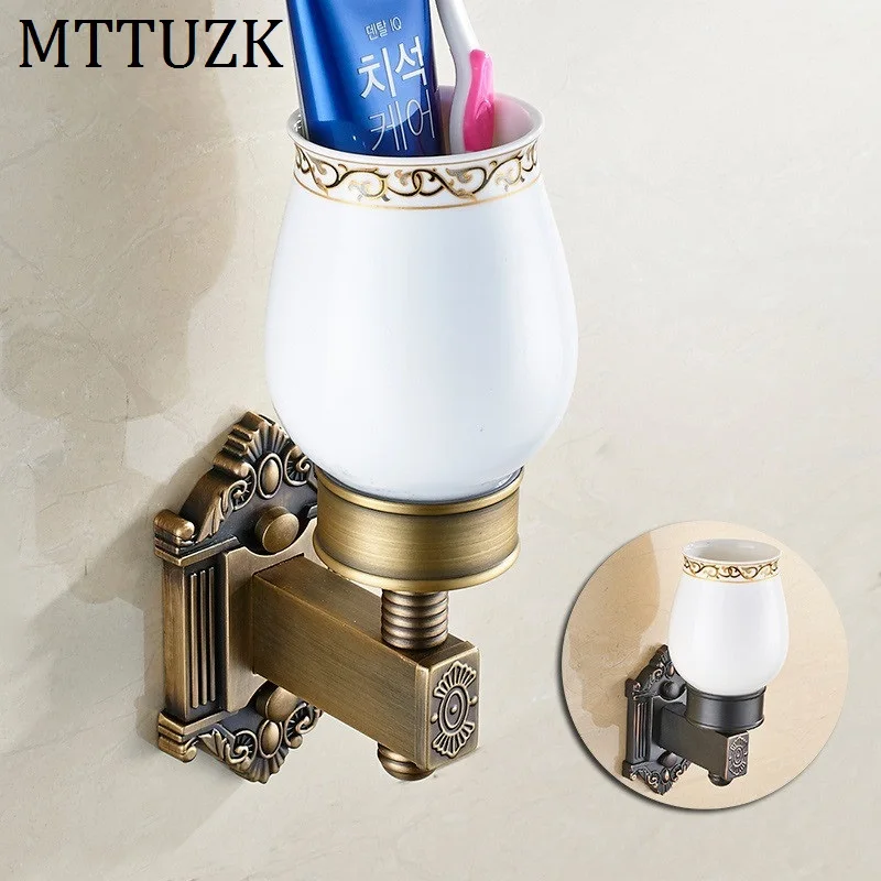 MTTUZK Antique Brass Toothbrush Holder Wall Mounted Toothbrush Cup Holder Copper Shelves With Single Ceramics Cup