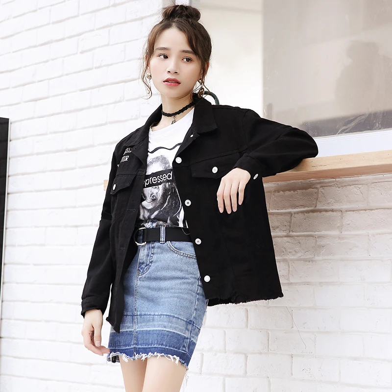 Boyfriend Black Letter Embroidery Patches Denim Jacket Autumn Womens