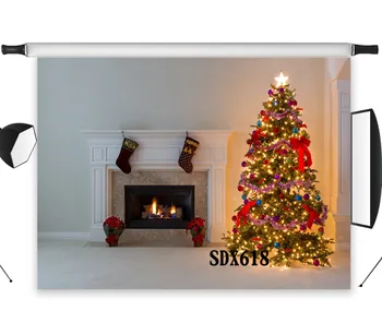 

LB Polyester & Vinyl Beautiful Christmas Tree Decorative Lights Fireplace Backgrounds For Photo Studio Photography Backdrops