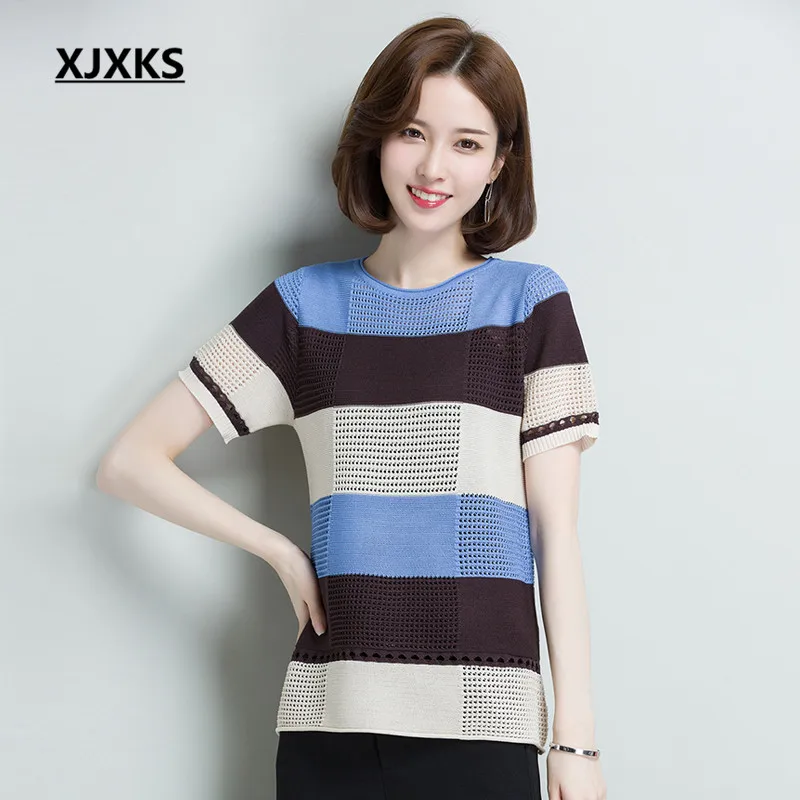 

XJXKS 2019 summer women's T-shirt fashion striped openwork comfortable round neck short-sleeved T-shirt women top