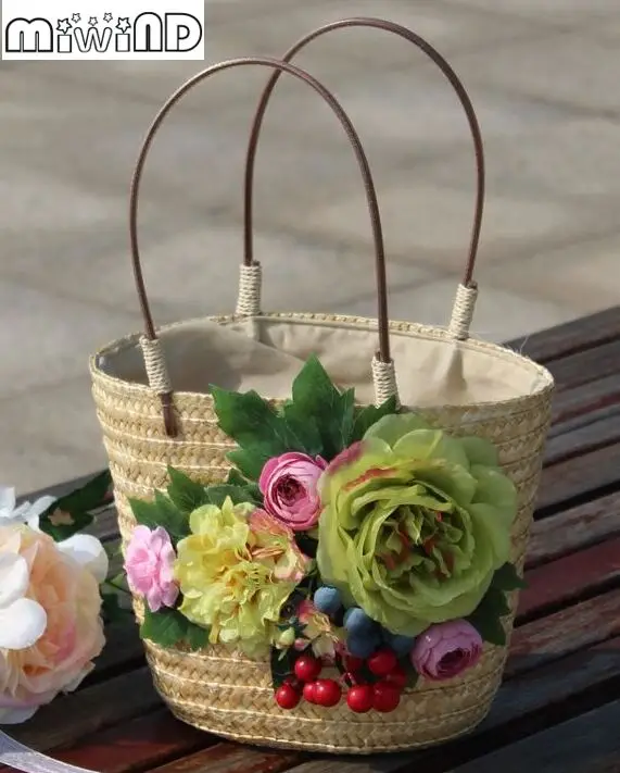 Miwind F envío gratis Hermosas flores decorar bolsos de paja tejida a mano, recorrido de la Playa del bolsas mano, mujeres bolsa de asas de la venta caliente|tote bag|travel tote