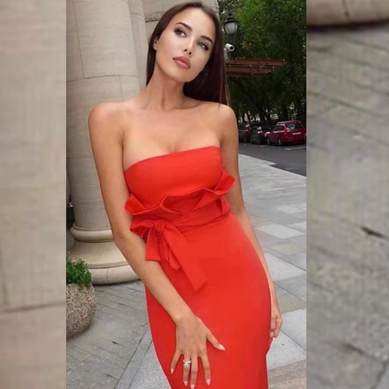 

Women Elegant Strapless Red Ruffle Bodycon Bandage Dress 2019 Sexy Summer Backless Clubwear Celebrity party Vestidos Wholesale