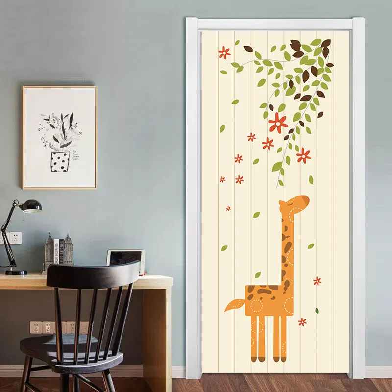 3D الكرتون الحيوان الزرافة الزخرفية جدارية شجرة يترك ملصق ذاتي اللصق للأطفال غرفة خزانة غرفة النوم الباب تجديد صائق