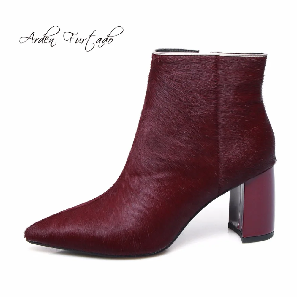 

Arden Furtado new 2017 winter horsehair high heels 7cm ankle boots zipper burgundy fashion shoes for woman matin boots women