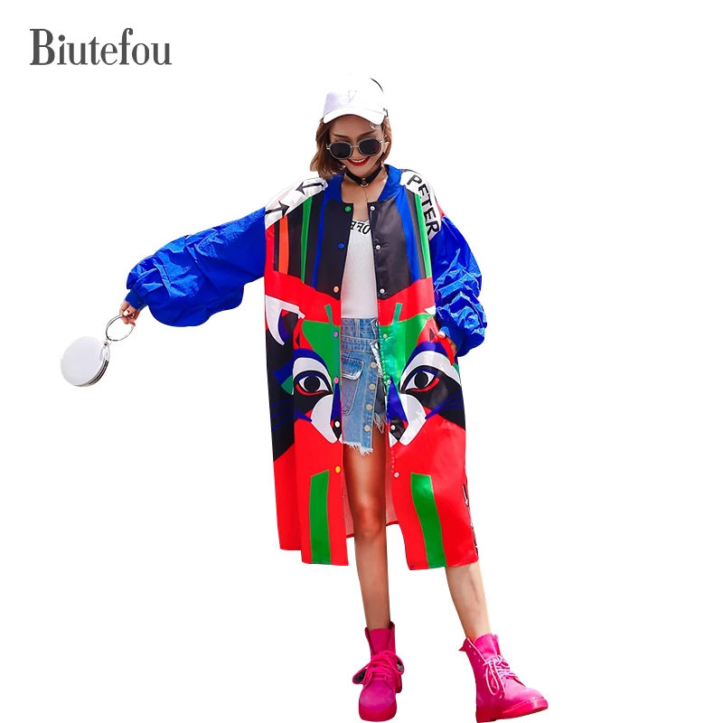 

2019 Spring new arrival cartoon fox print loose thin long coats women fashion puff sleeve coats