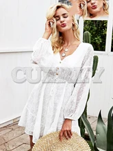 CUERLY V neck lantern sleeve mini dress Elegant lace up button women dress Sexy mesh summer autumn robe femme ete 2019 CUERLY V neck lantern sleeve mini dress Elegant lace up button women dress Sexy mesh summer autumn robe femme ete 2019