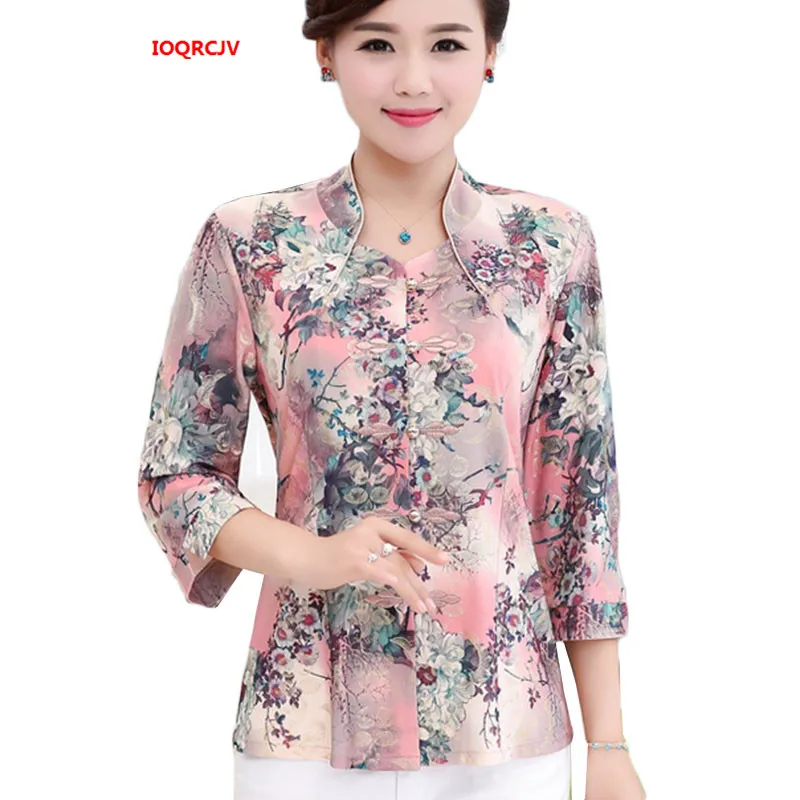 Женская блузка среднего возраста, летняя Новинка размера плюс 4XL, рубашка с рукавом три четверти для мамы, блуза с принтом, женские топы, кардиган 1055