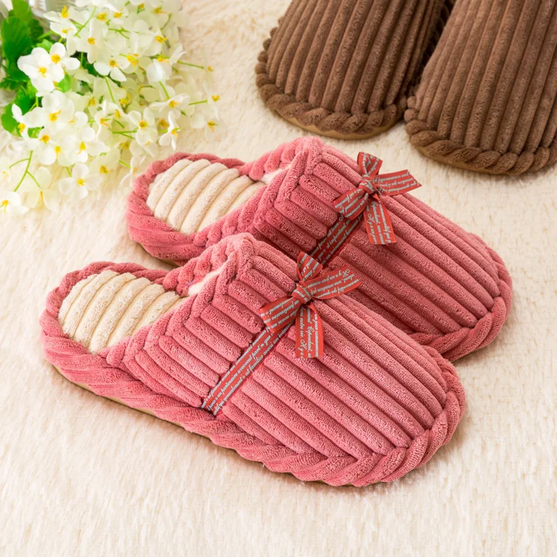 Indoor Slipper Women Shoes Winter Warm Plush House Slippers Flock Home Shoes Soft Striped Cotton Room Ladies Flat Slippers AVT35 whoholl winter home slipper man despicable me minions indoor slippers plush stuffed funny slippers flock cosplay house shoes