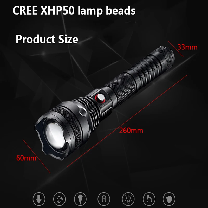 led flashlight cree xhp50 xhp70 Rotary zoom Use 2*26650 battery Direct charging Shock Resistant Self Defense Torch flashlight