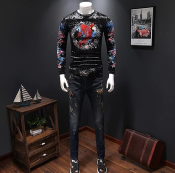 

high quality New Men's Velvet T-shirt with long Sleeve Printed men style