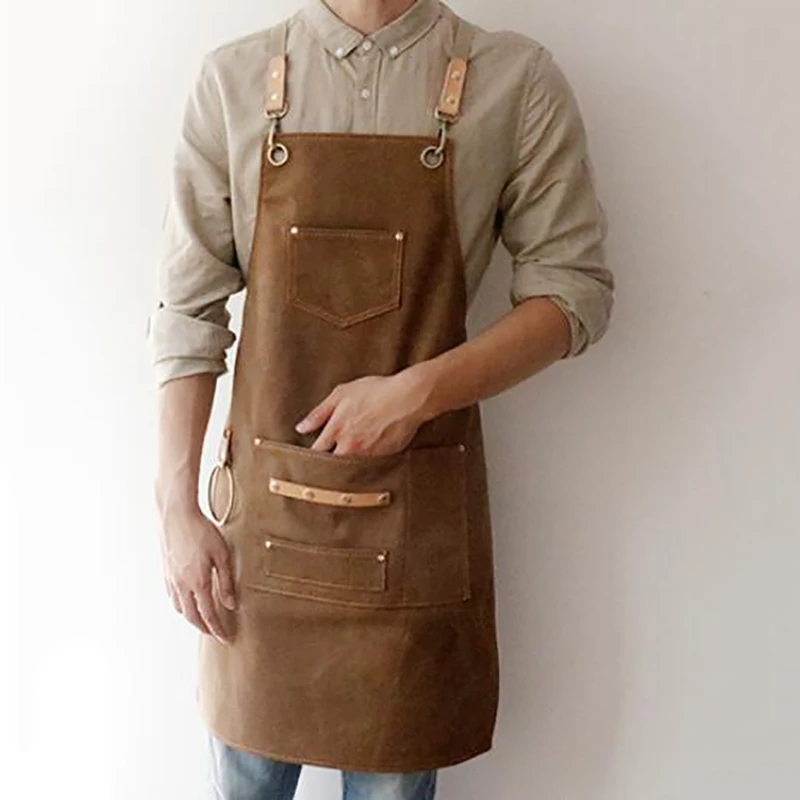 2019 BBQ Canvas Apron Bib Leather Chef Kitchen Apron For Women Men Barista Bartender Pockets Home Barber Cook Coffee Restaurant