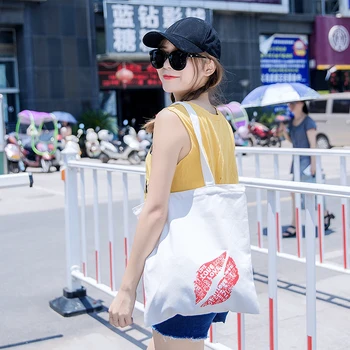 

1pcs 34*38cm 12oz Pure Cotton Canvas Resuable Handmade Lips Shopping Book Tote Bag Handbag Women Shoulder Zipper Folding Bags