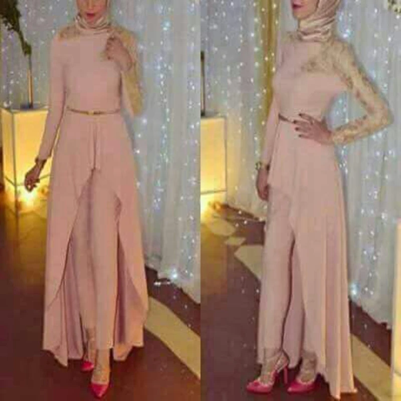 

New Arrival Pink Muslim evening dress 2019 Lace with Beading Long sleeve evening dresses Pants Formal dress